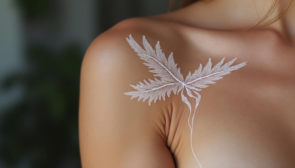 découvrez l'élégance du tatouage à l’encre blanche, une touche subtile et mystérieuse qui sublime aussi bien les peaux claires que bronzées.