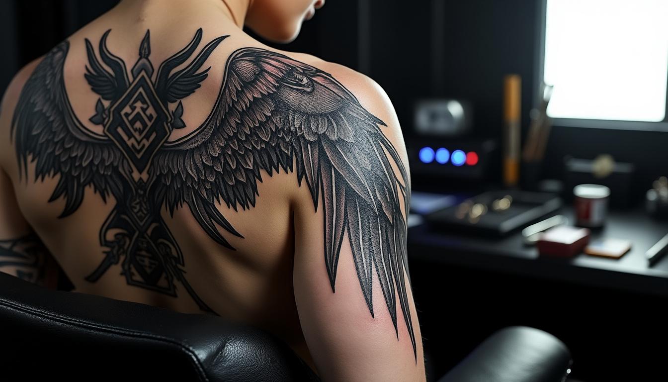 découvrez le tatouage ange et démon, symbole puissant du combat éternel entre lumière et ombre, incarnant dualité, protection et rébellion.