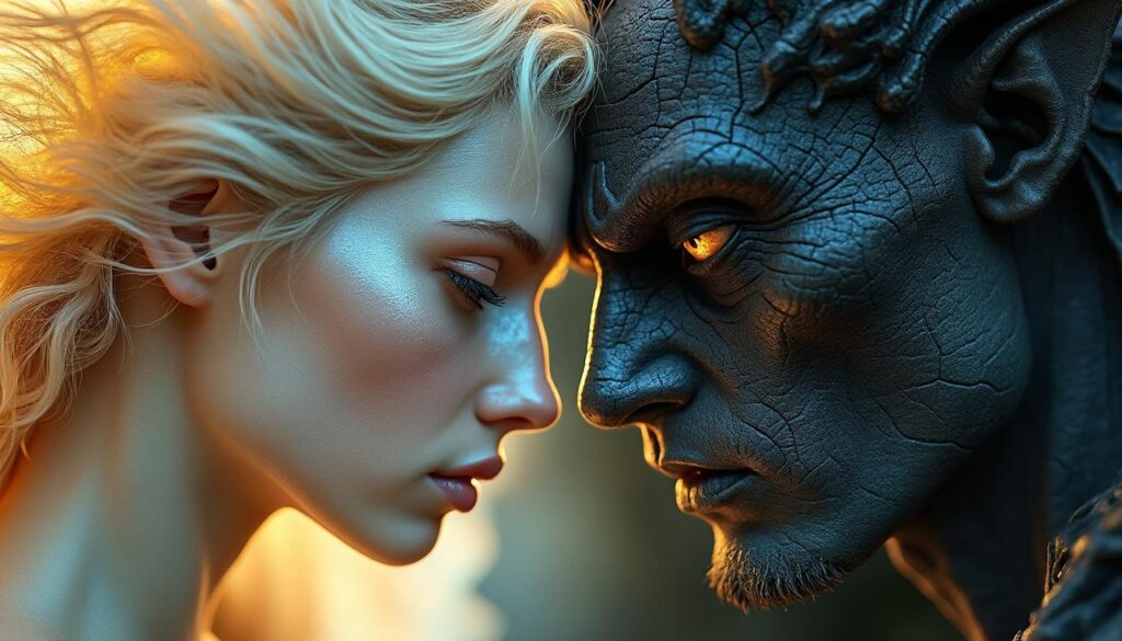 découvrez le tatouage ange et démon, symbole d'un équilibre intemporel entre lumière et ombre, incarnant le dialogue éternel de nos dualités intérieures.