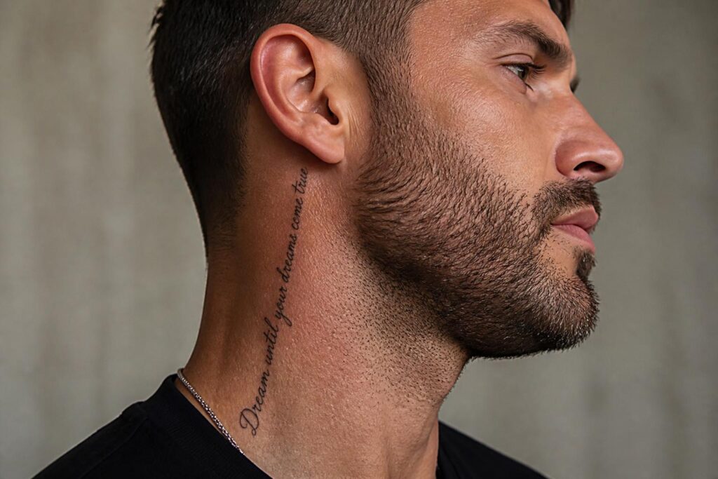découvrez des idées de tatouages de phrases pour homme à placer sur le cou et affirmez votre style avec une inscription unique et significative.