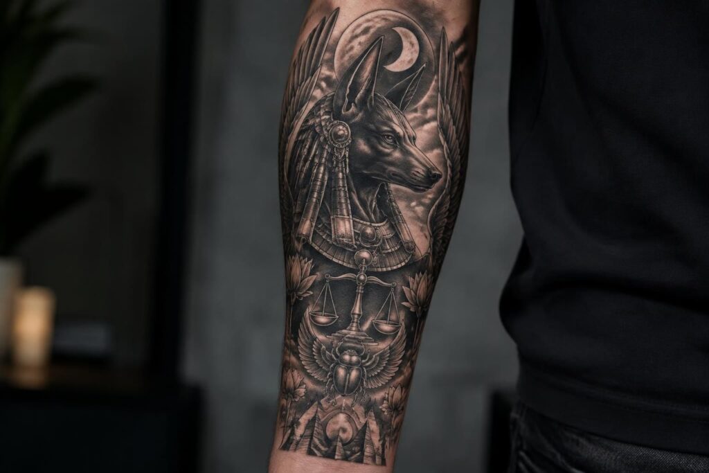 découvrez la symbolique du tatouage anubis, dieu égyptien des morts, associé à la protection, au passage vers l’au-delà et au mystère.
