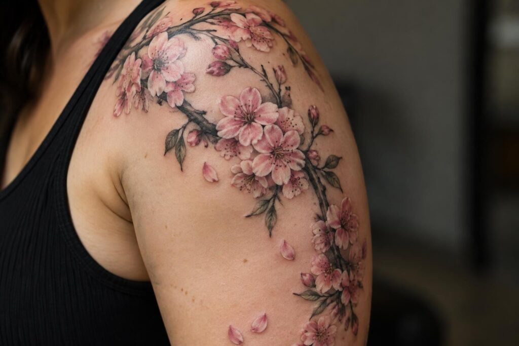 découvrez la signification du tatouage fleur de cerisier, motif japonais symbole de beauté éphémère, de renouveau et de force intérieure.