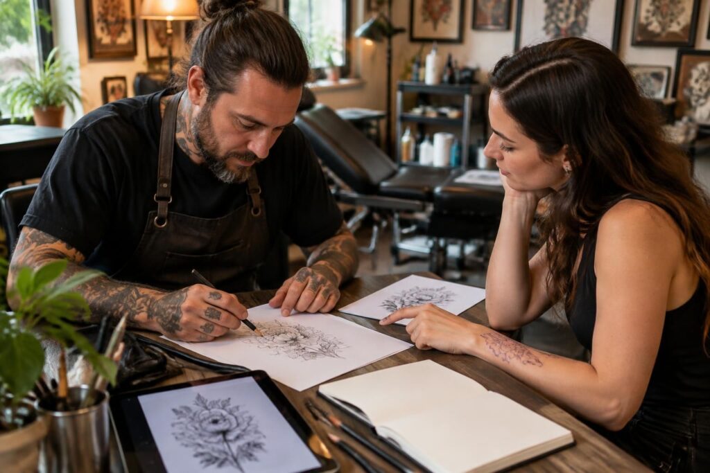 découvrez les étapes d’un tatouage sur mesure avec un dessinateur : échange sur votre idée, création du motif, ajustements et préparation de la séance.