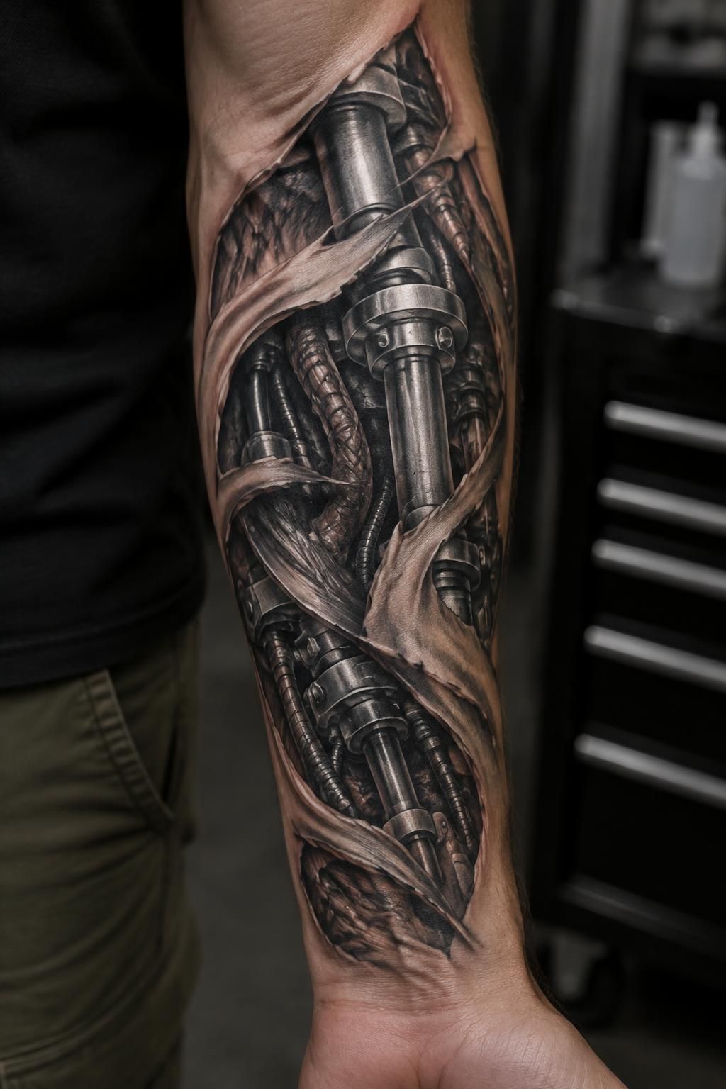 découvrez le tatouage biomécanique, un style fascinant où engrenages, circuits et éléments organiques se fondent sur la peau.