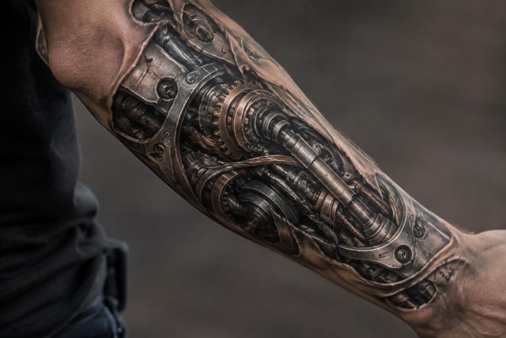 découvrez le tatouage biomécanique, un style spectaculaire où engrenages, circuits et textures mécaniques semblent fusionner avec la peau.