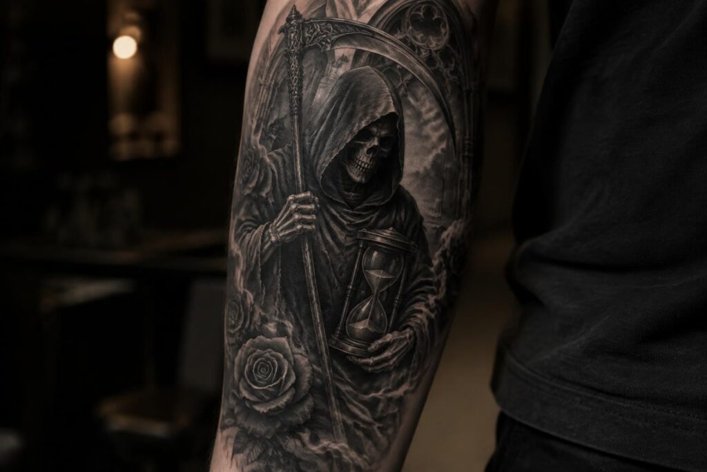 découvrez la symbolique du tatouage de la faucheuse, entre rappel de la mortalité, esprit mémento mori et esthétique gothique.