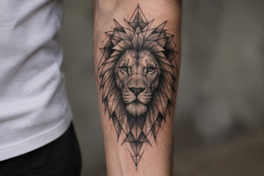 découvrez le tatouage lion géométrique : un symbole de force et de courage sublimé par des lignes épurées et un design moderne.