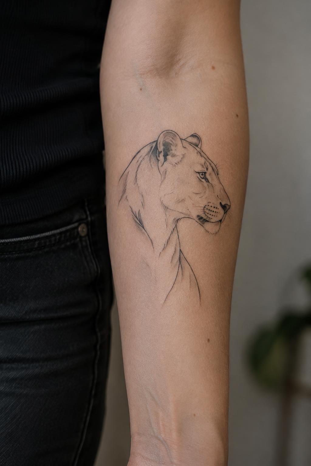 Tatouage lionne minimaliste : la puissance féline version épurée 2 découvrez le tatouage de lionne minimaliste : un motif épuré qui exprime force, élégance et puissance féline.
